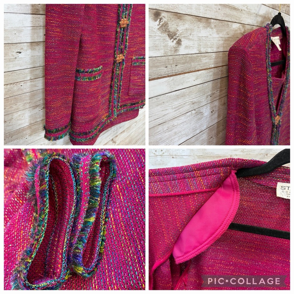 ST. JOHN Womens Suit 10 Jacket 12 Skirt Fuchsia Pink Metallic Shimmer Gold Clasp - Picture 5 of 16